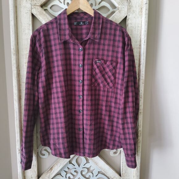 Volcom Women's Plaid to Meet You Long Sleeve Button Down Shirt Eggplant Cotton - Picture 7 of 7